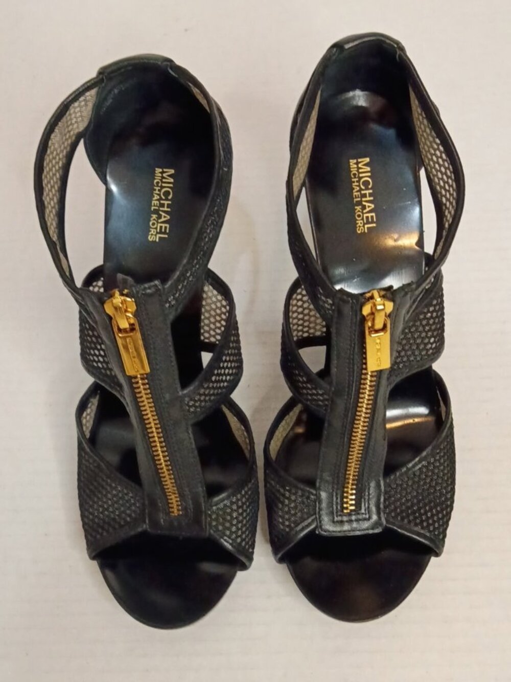 MICHAEL Michael Kors Berkley Black Mesh T-Strap Gold Zip Heels Women’s Size 9M